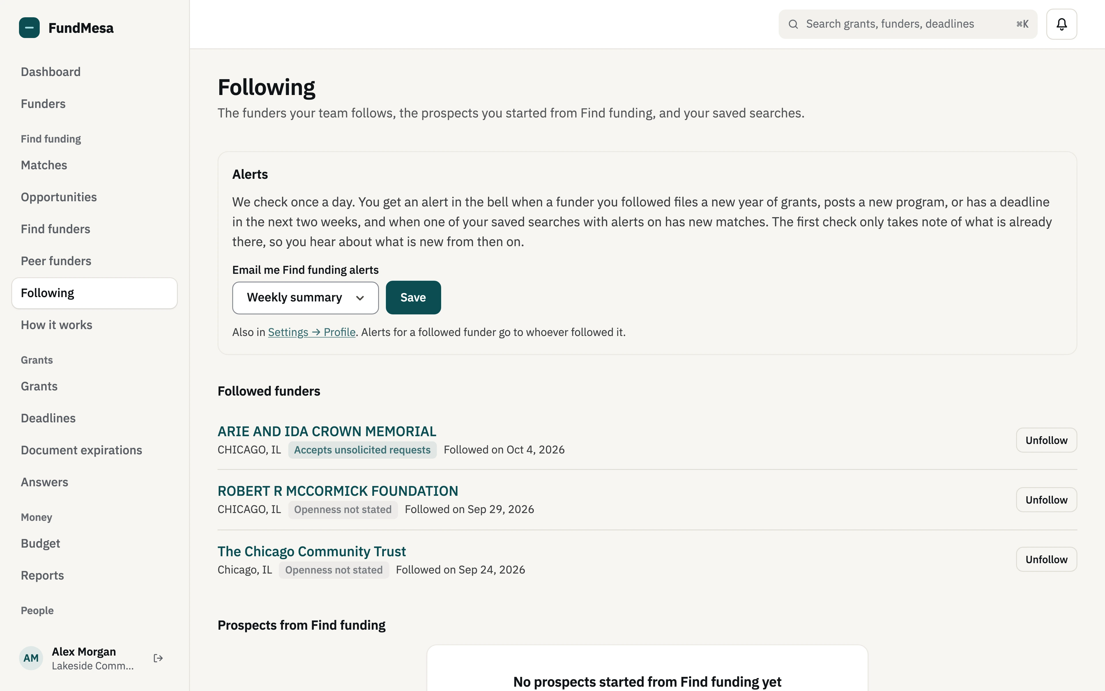 The Following page: the weekly alert setting and three followed funders, each with whether it is open to applications and the date it was followed.