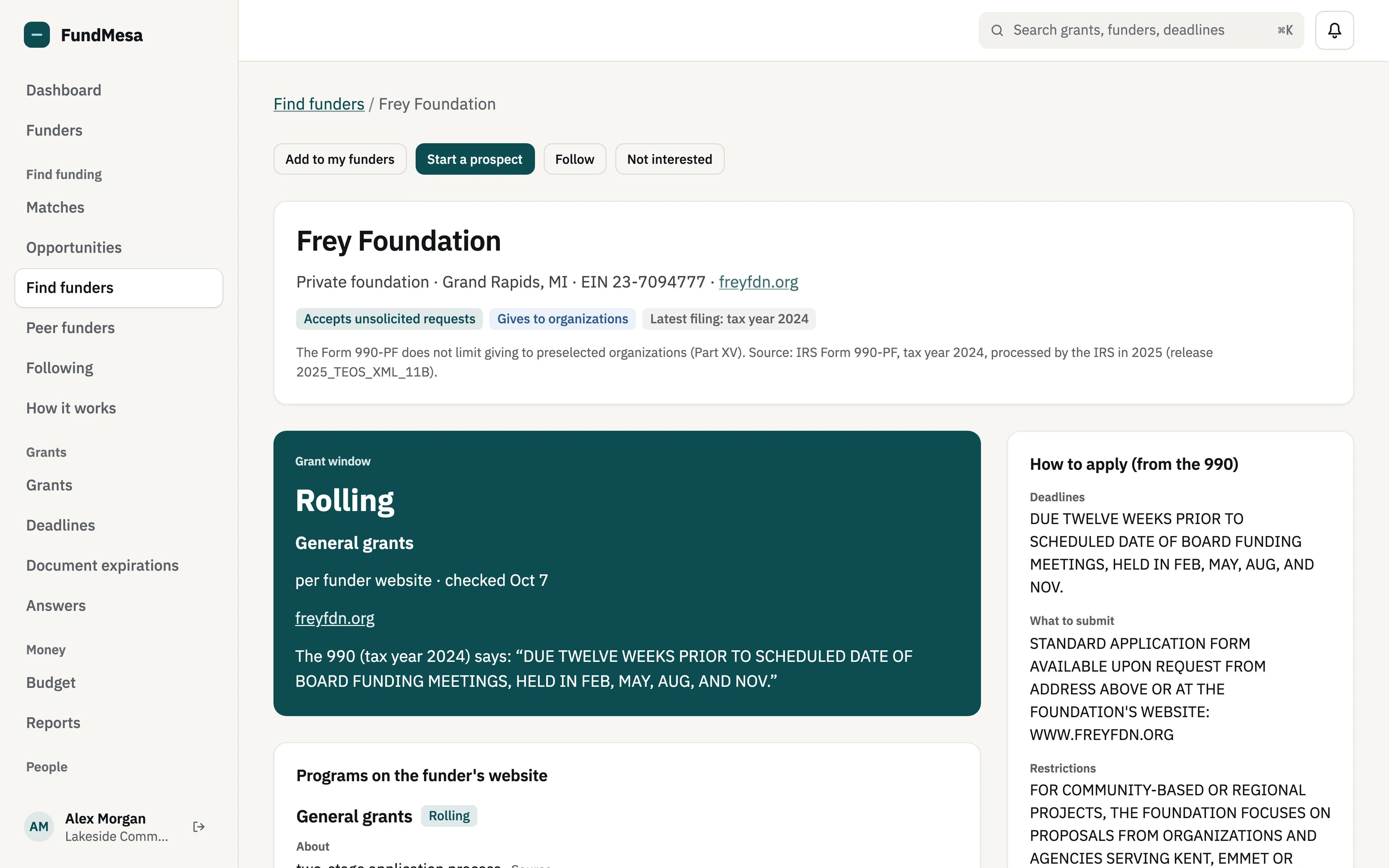 A funder profile for the Frey Foundation: accepts unsolicited requests, a rolling grant window read from its website, how-to-apply details from its 990-PF, and the programs listed on its own site.