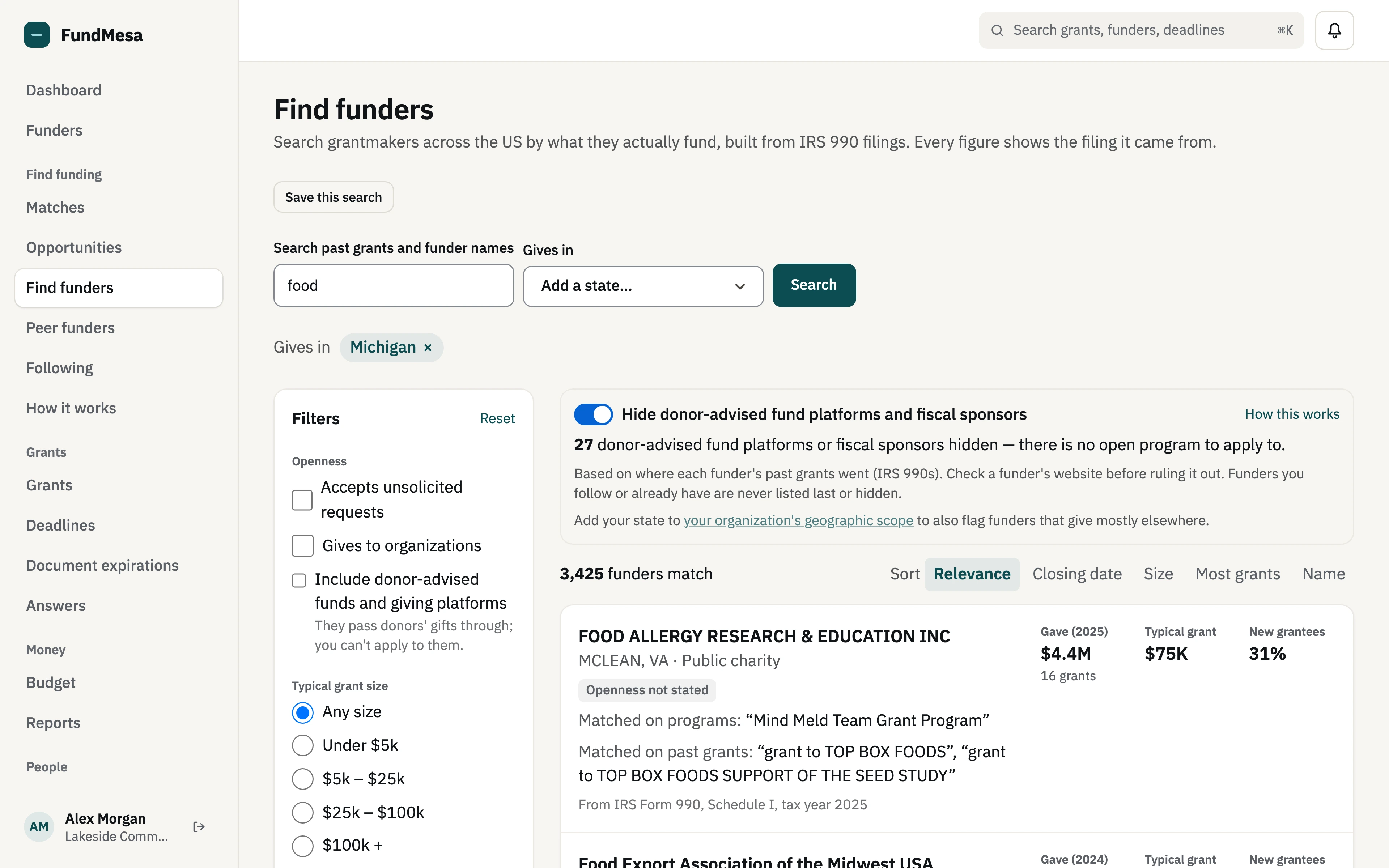 Find funders search results for "food" among funders that give in Michigan, each with what it gave, its typical grant and share of new grantees, plus the programs and past grants that matched the search.