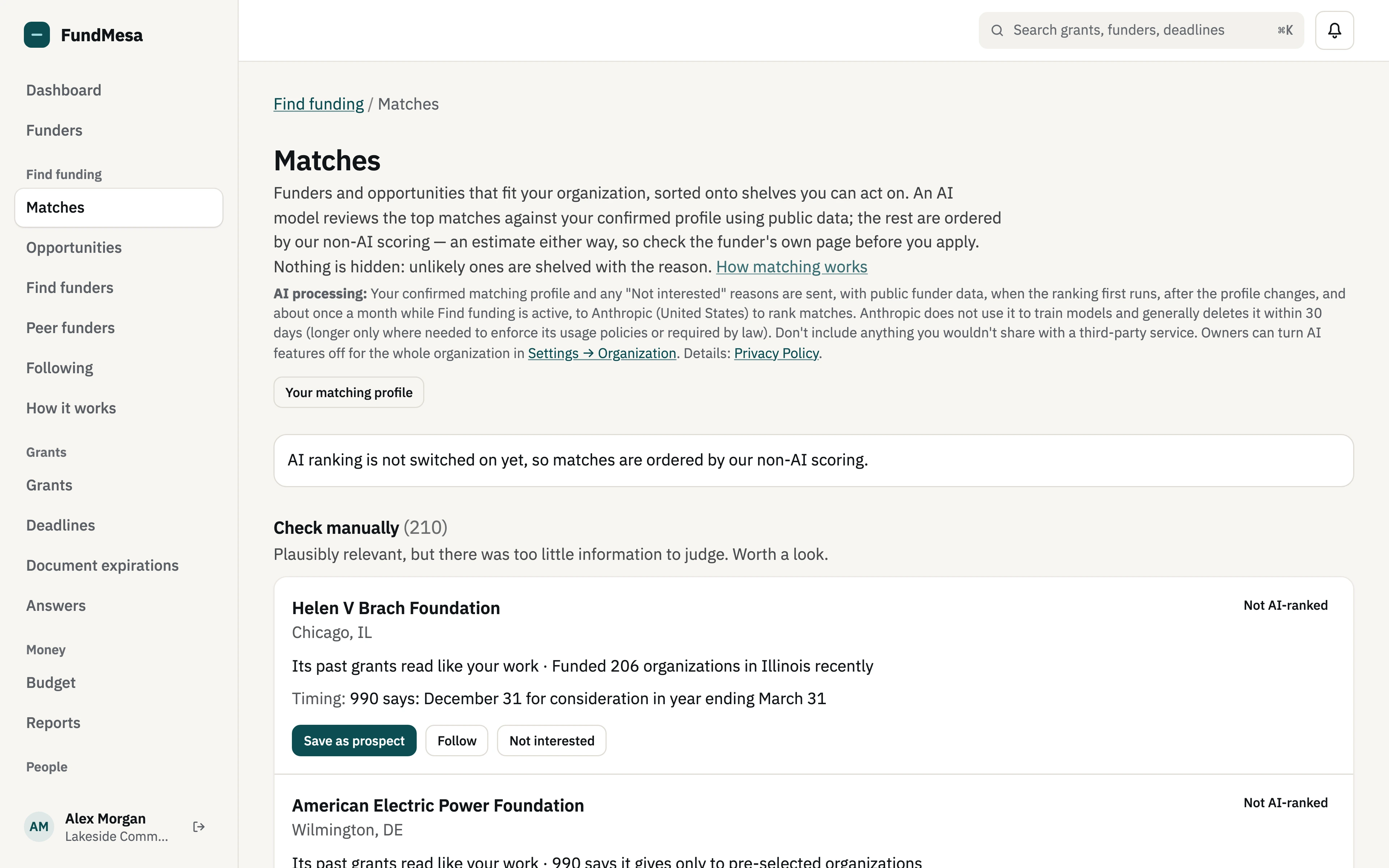 The Matches page for a community food network, ordered by non-AI scoring: the Check manually shelf with 210 funders, each marked Not AI-ranked, with the reasons from its 990 filings, its application timing, and Save as prospect, Follow and Not interested buttons.