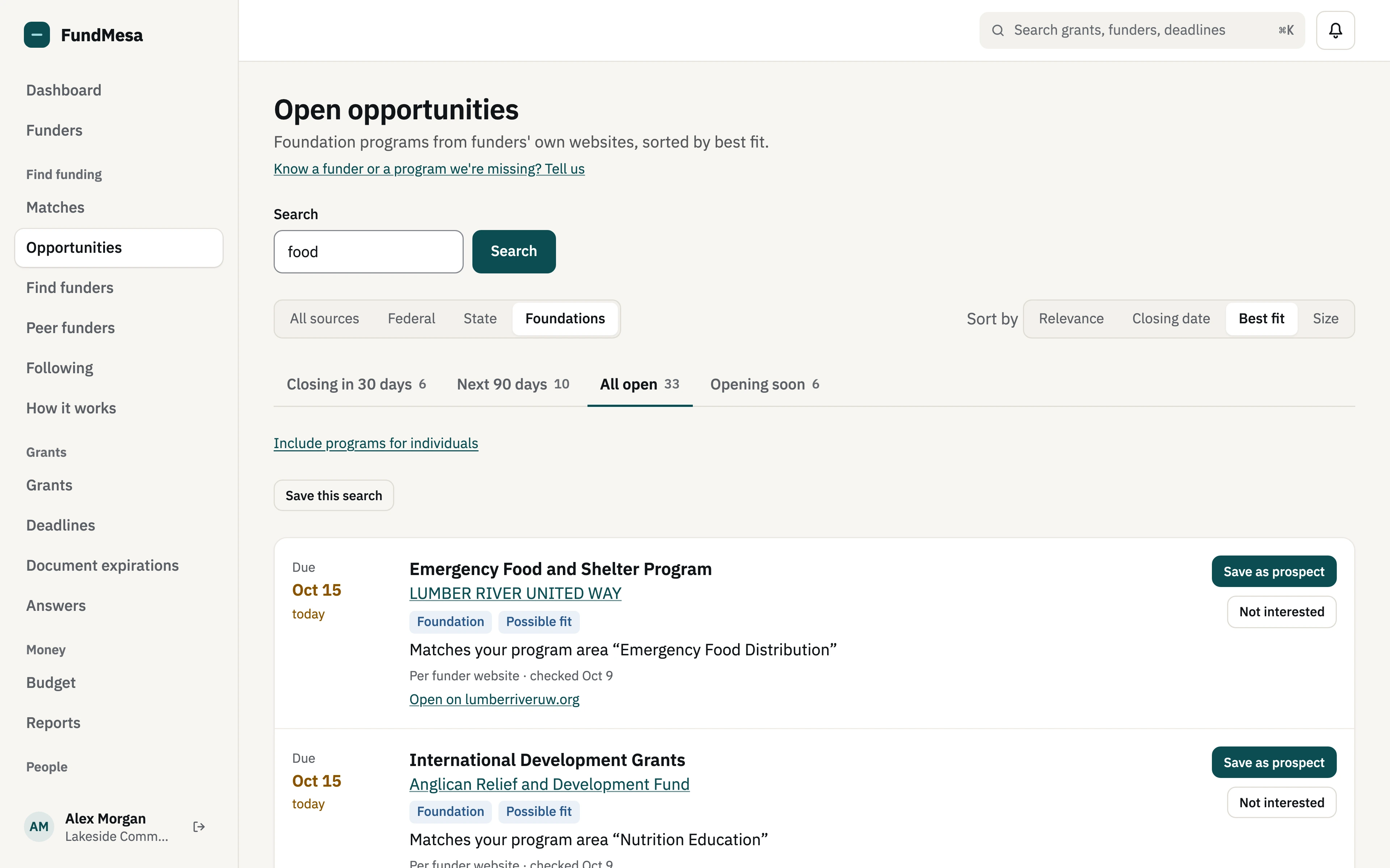 The Opportunities feed showing foundation programs read from funders' own websites for "food", sorted by best fit: an Emergency Food and Shelter Program due today matched to the program area "Emergency Food Distribution", each with its due date, fit estimate, the date its page was checked, and Save as prospect and Not interested buttons, above a note that programs for individuals are hidden unless included.