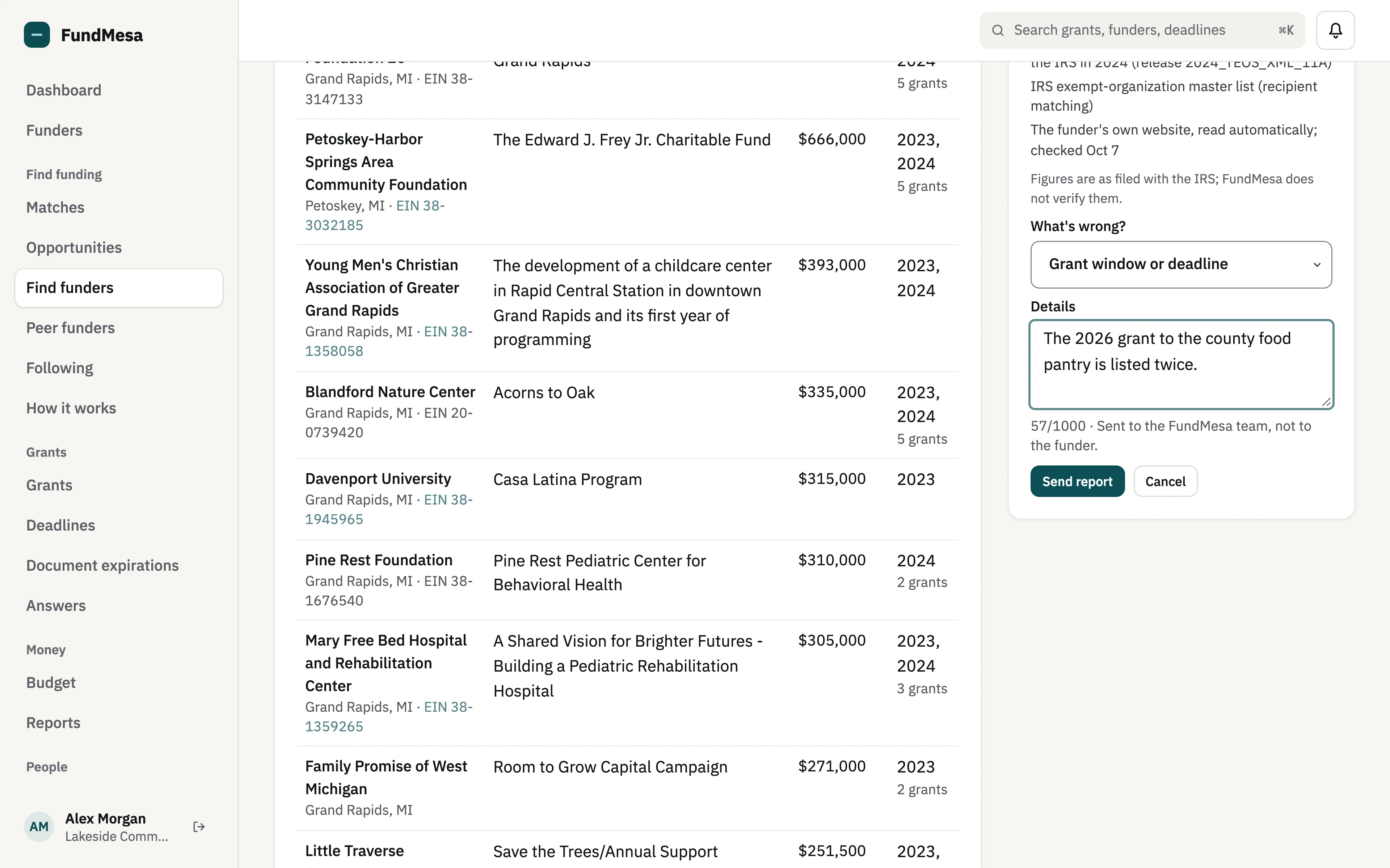The Report wrong info form on a funder profile, with a field choice and a details box, noting the report goes to the FundMesa team, not the funder.